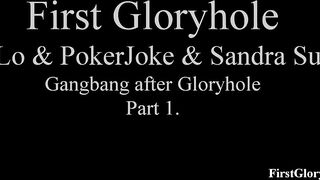 Glory Hole gangbang with a swallowing pregnant girl